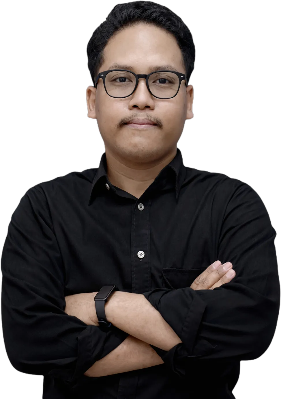 Hakim Firman, full-stack web developer, smiling in a dark shirt