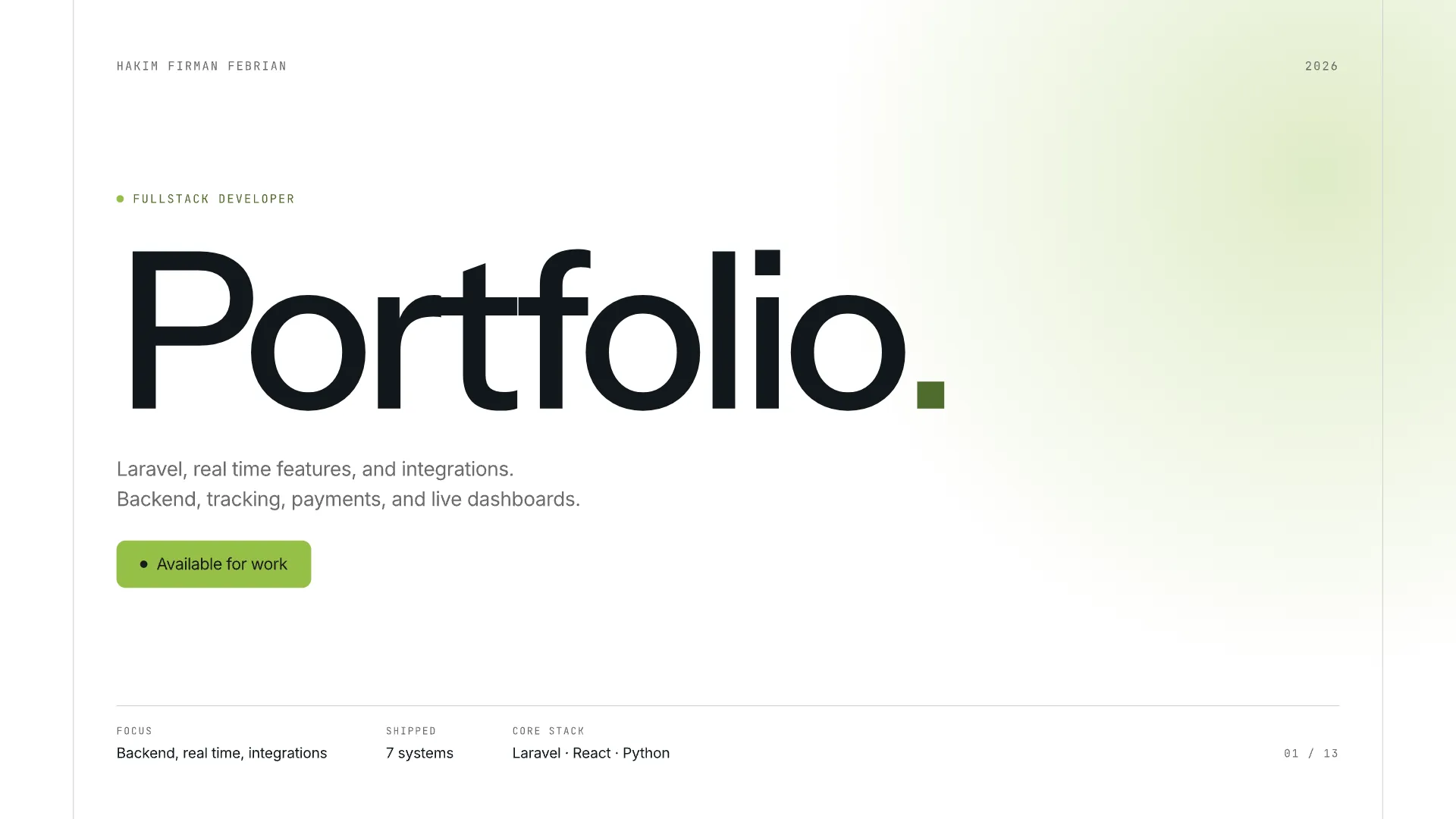Slide 1: Portfolio. Laravel, real-time features and integrations — backend, tracking, payments, live dashboards.
