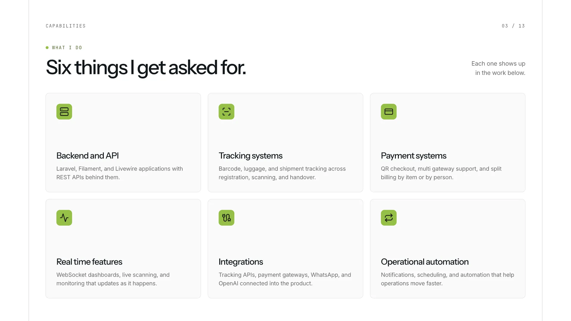 Slide 3: Six things I get asked for. Backend and API, tracking systems, payments, dashboards, automation, integrations.