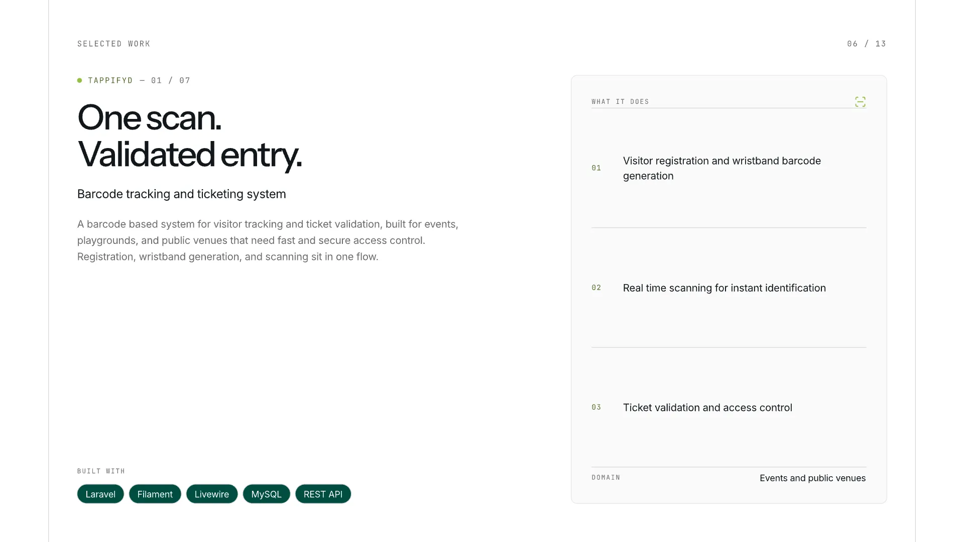 Slide 6: One scan. Validated entry.. Tappifyd — barcode tracking and ticketing for events and playgrounds.