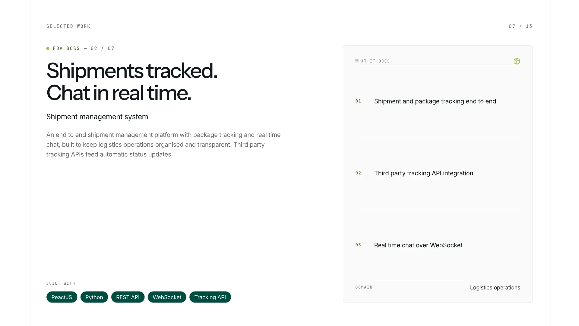 Slide 7: Shipments tracked. Chat in real time.. FBA Boss — shipment management with package tracking and live chat.