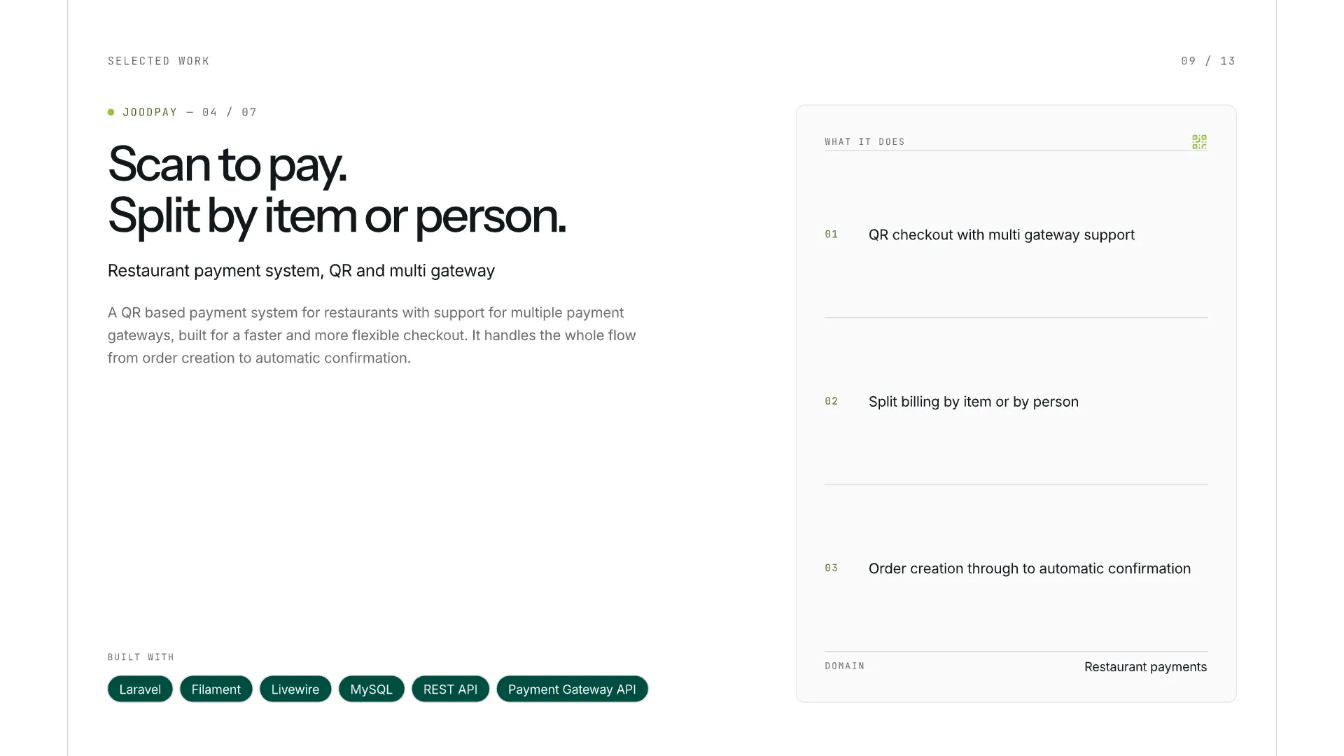 Slide 9: Scan to pay. Split by item or person.. Joodpay — QR restaurant payments across multiple gateways.