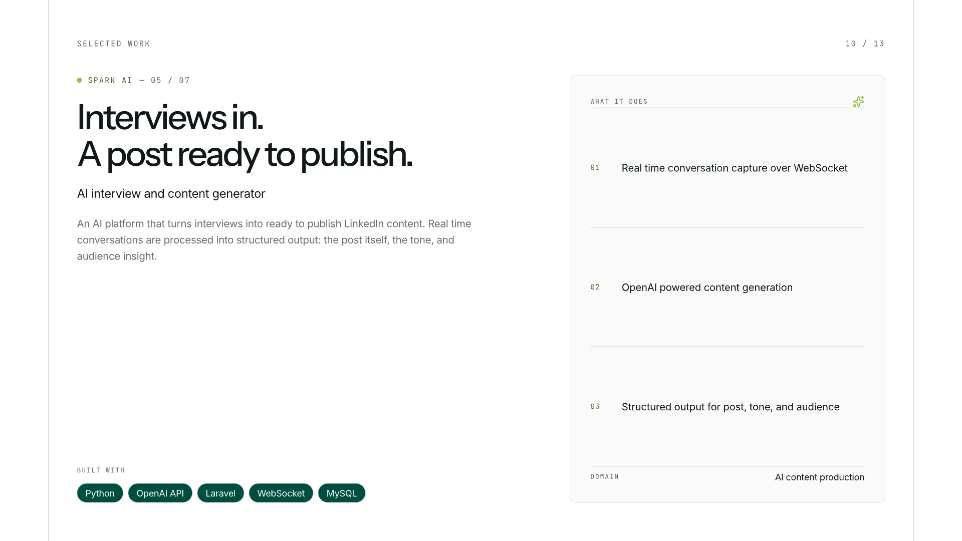 Slide 10: Interviews in. A post ready to publish.. Spark AI — turns interviews into publish-ready LinkedIn content.