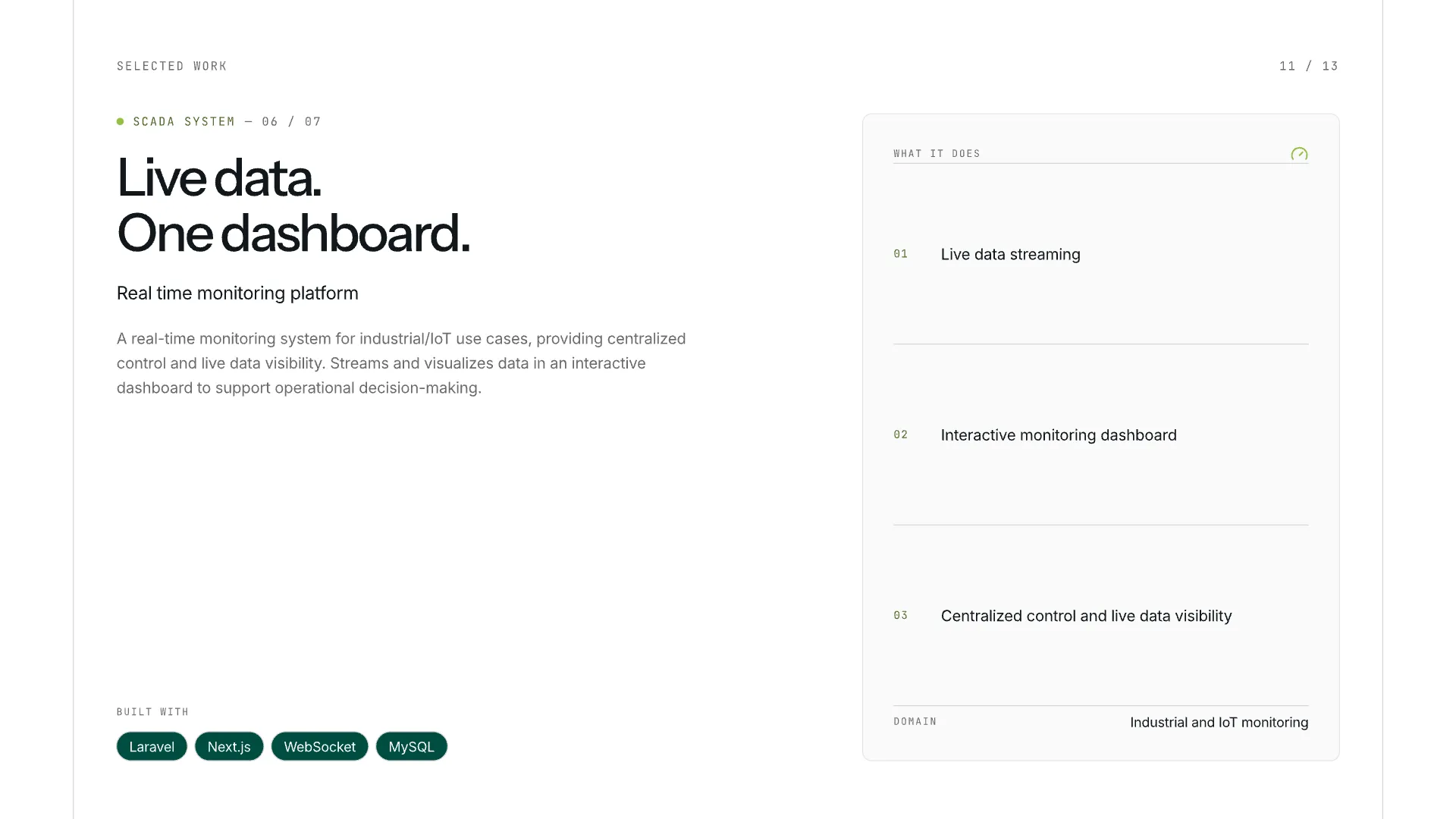 Slide 11: Live data. One dashboard.. SCADA — real-time monitoring for industrial and IoT use cases.