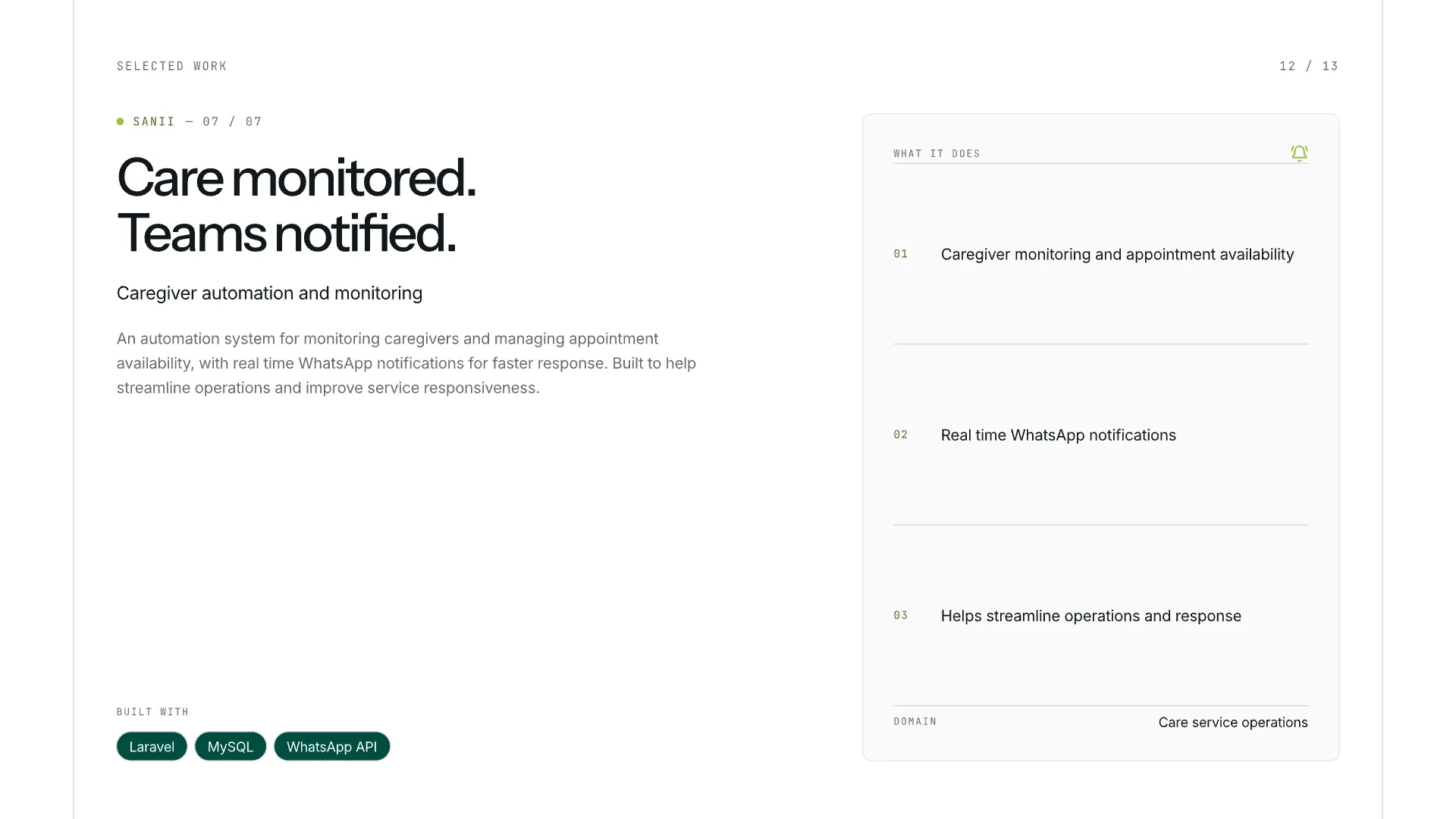 Slide 12: Care monitored. Teams notified.. Sanii — caregiver automation, monitoring and appointment availability.